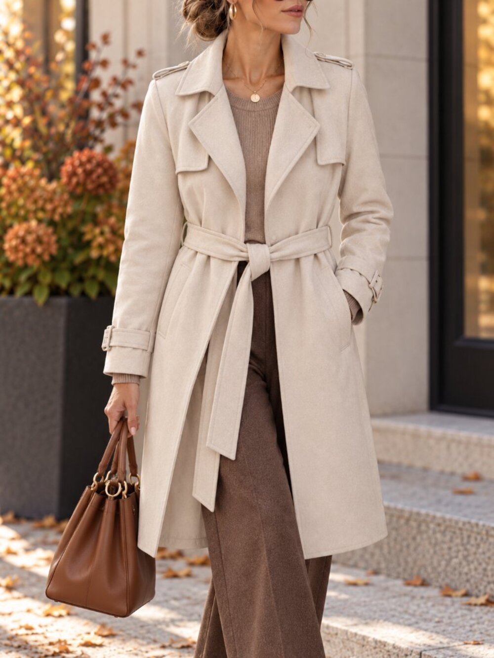 Tahari Mel Faux Suede Belted Long Trench Coat Ivory S Quiet Luxury Minimalist